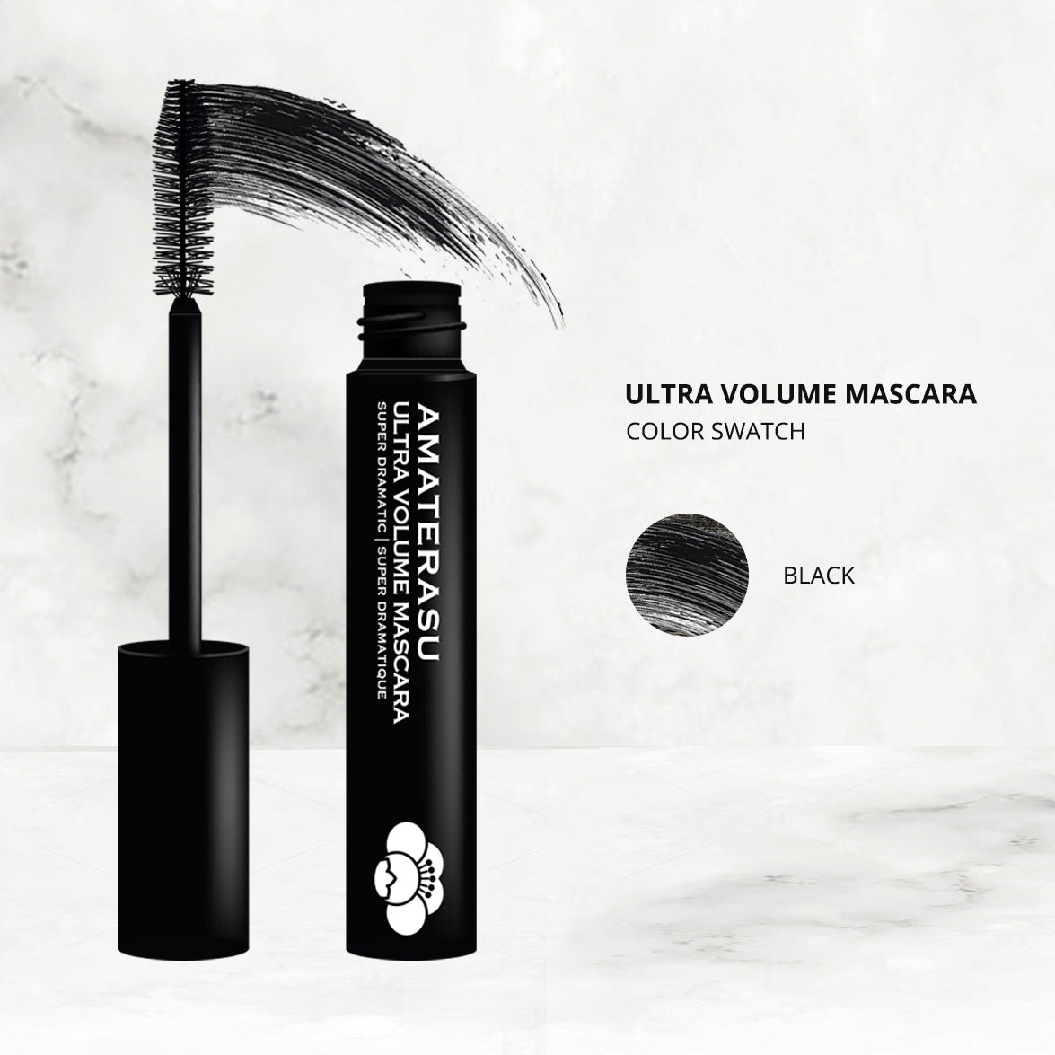 Image featuring Amaterasu's ultra volume mascara and color swatch.