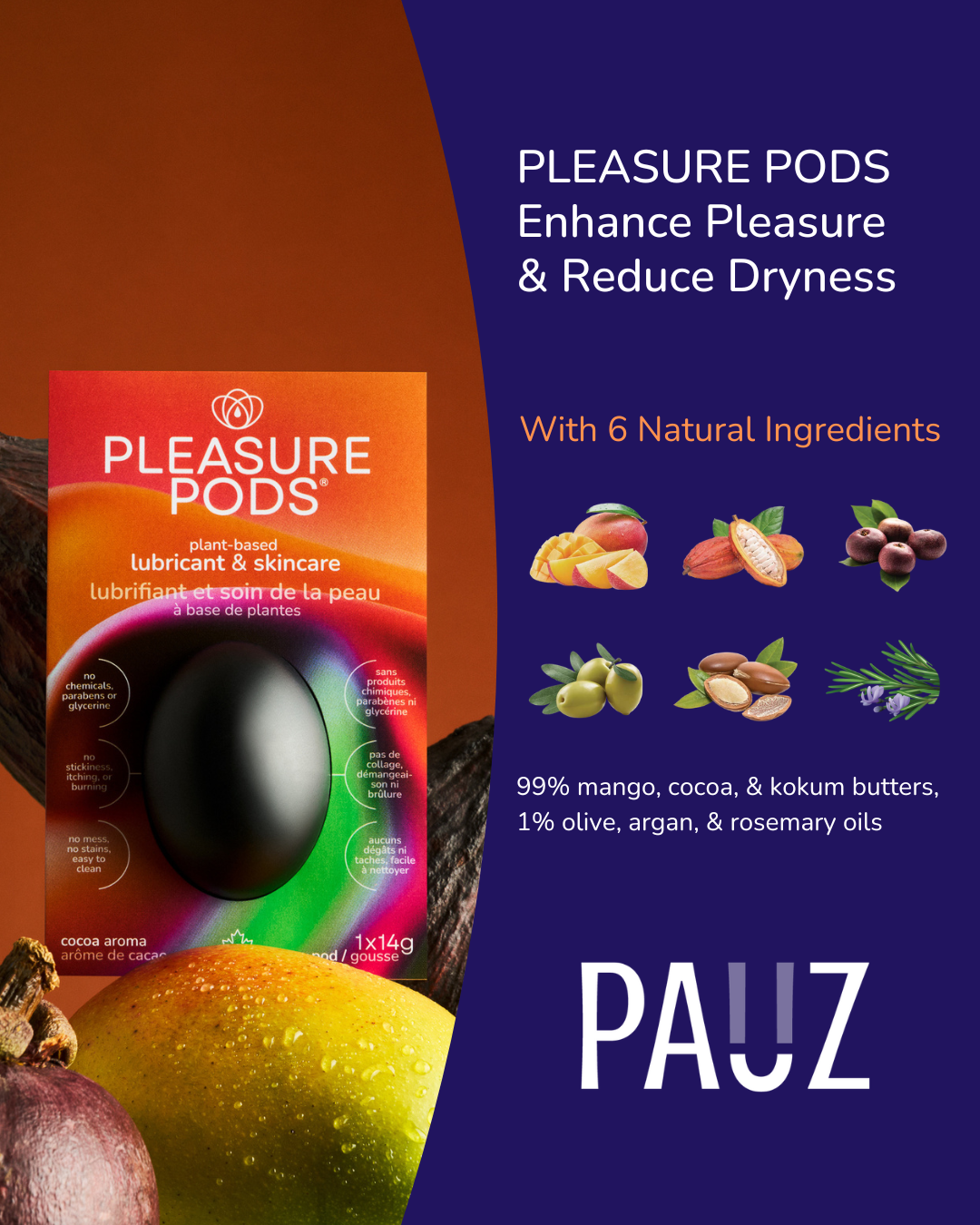 A Pleasure pod featured above some food like magdo, olives, argan.