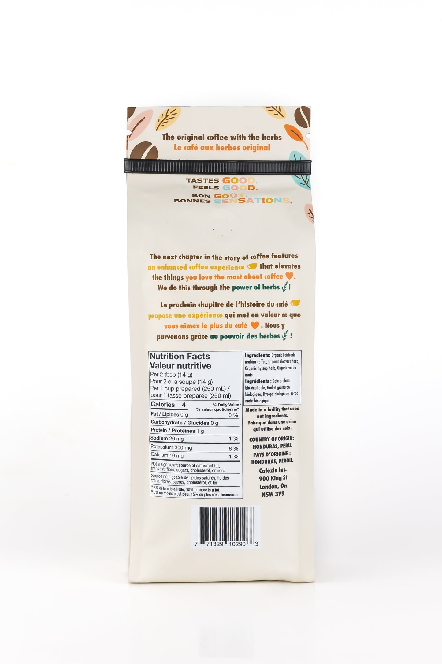 Image of the back of a bag of Cafezia coffee.