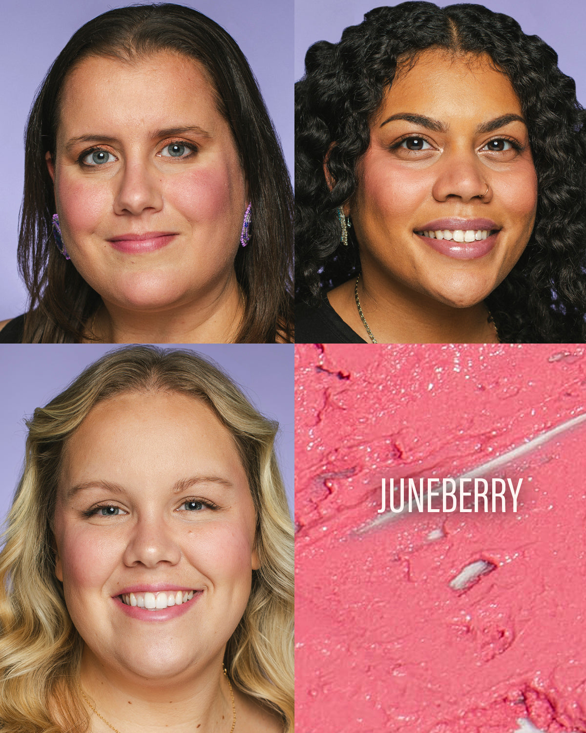 Three women of different skin colors wearing Cheekbone Beauty's Courage Cream Lip and Cheek.
