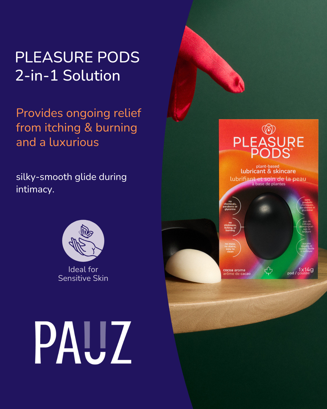 An image of a pleasure pod on a table, and a hand pointing at it.
