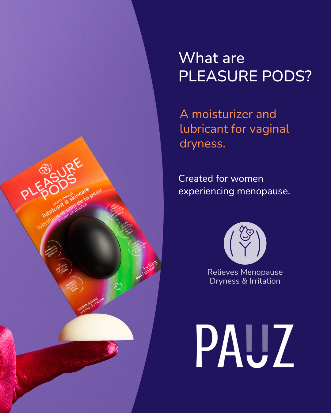 An image with the description of what a pleasure pod is, and a hand holding one pod.