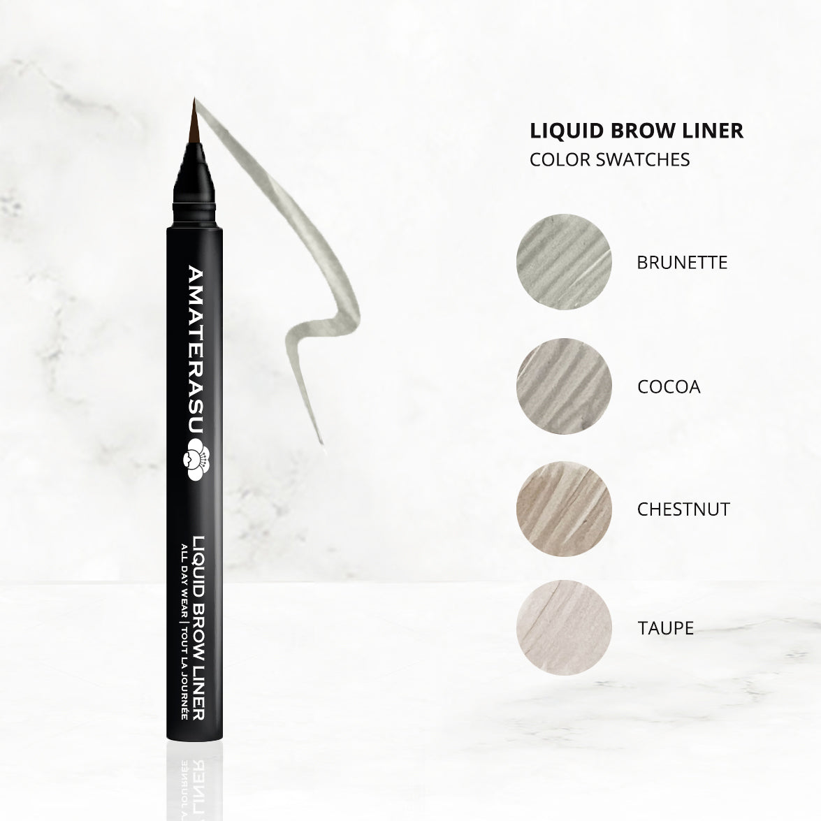 Image featuring Amaterasu liquid brow liner and color swatches.