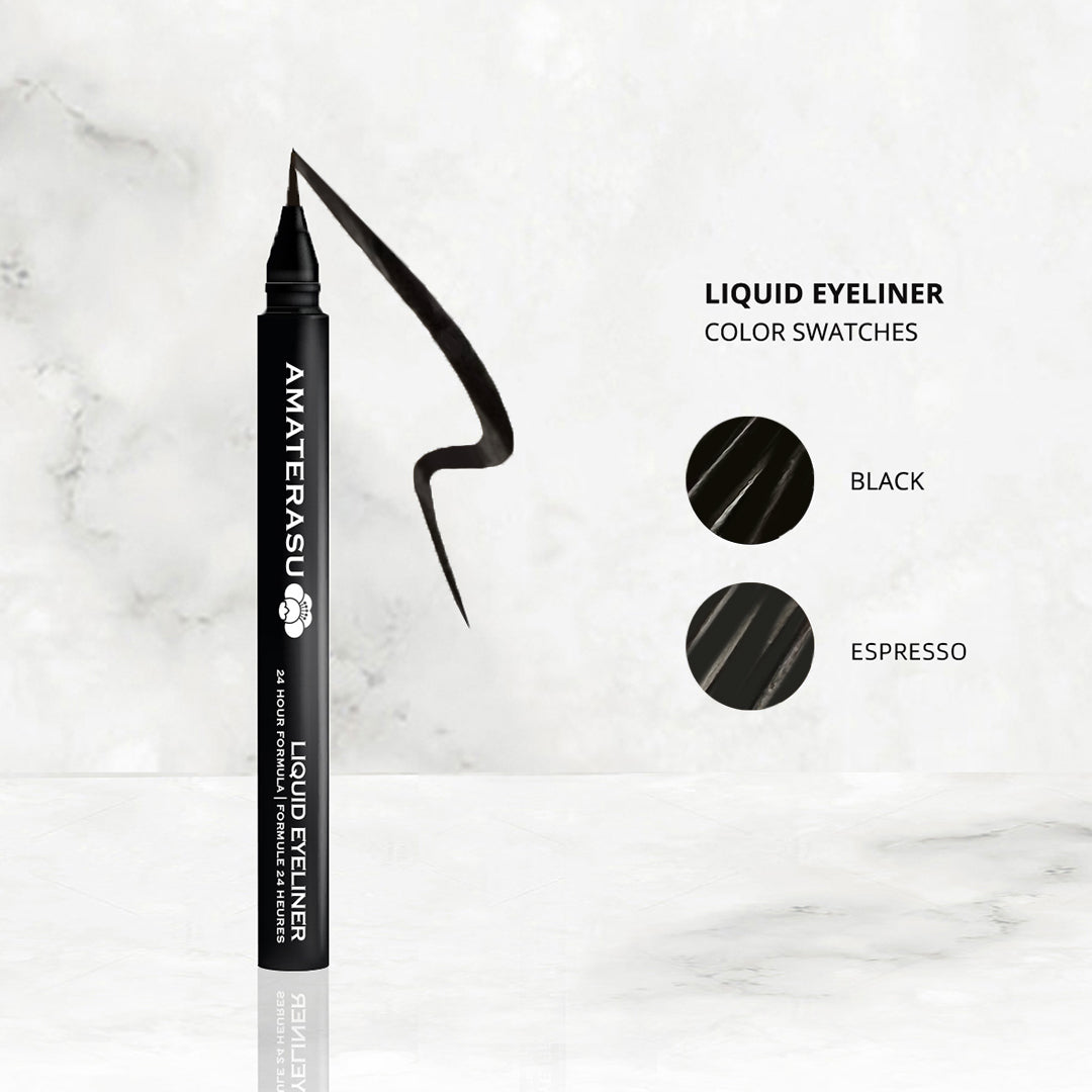 Image featuring Amaterasu's black eyeliner and color swatches black and espresso.