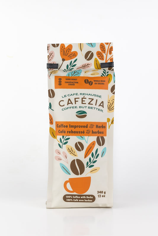 Image of a Cafezia dark whole bean coffee bag.