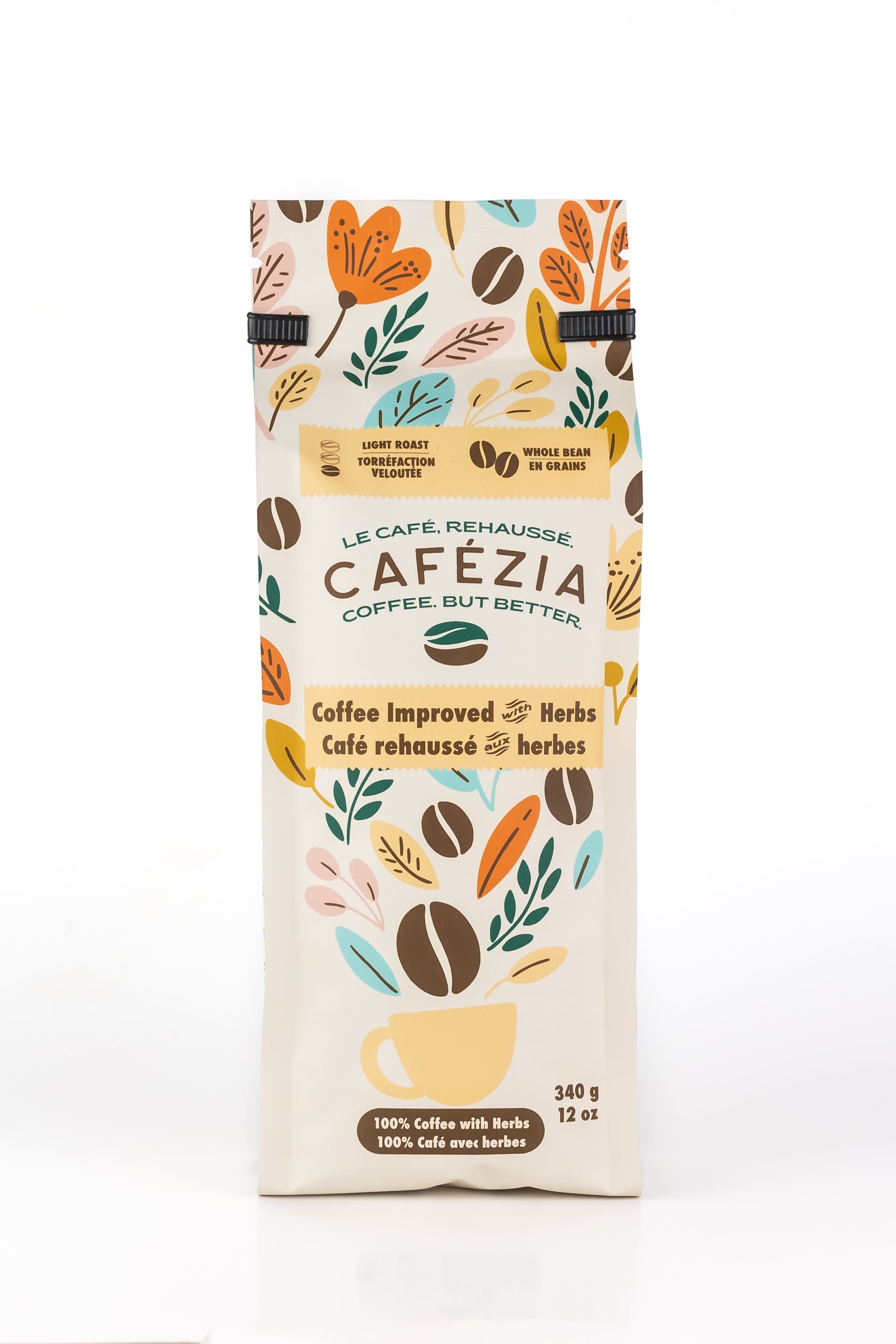 Image of a bag of Cafezia light whole bean coffee.