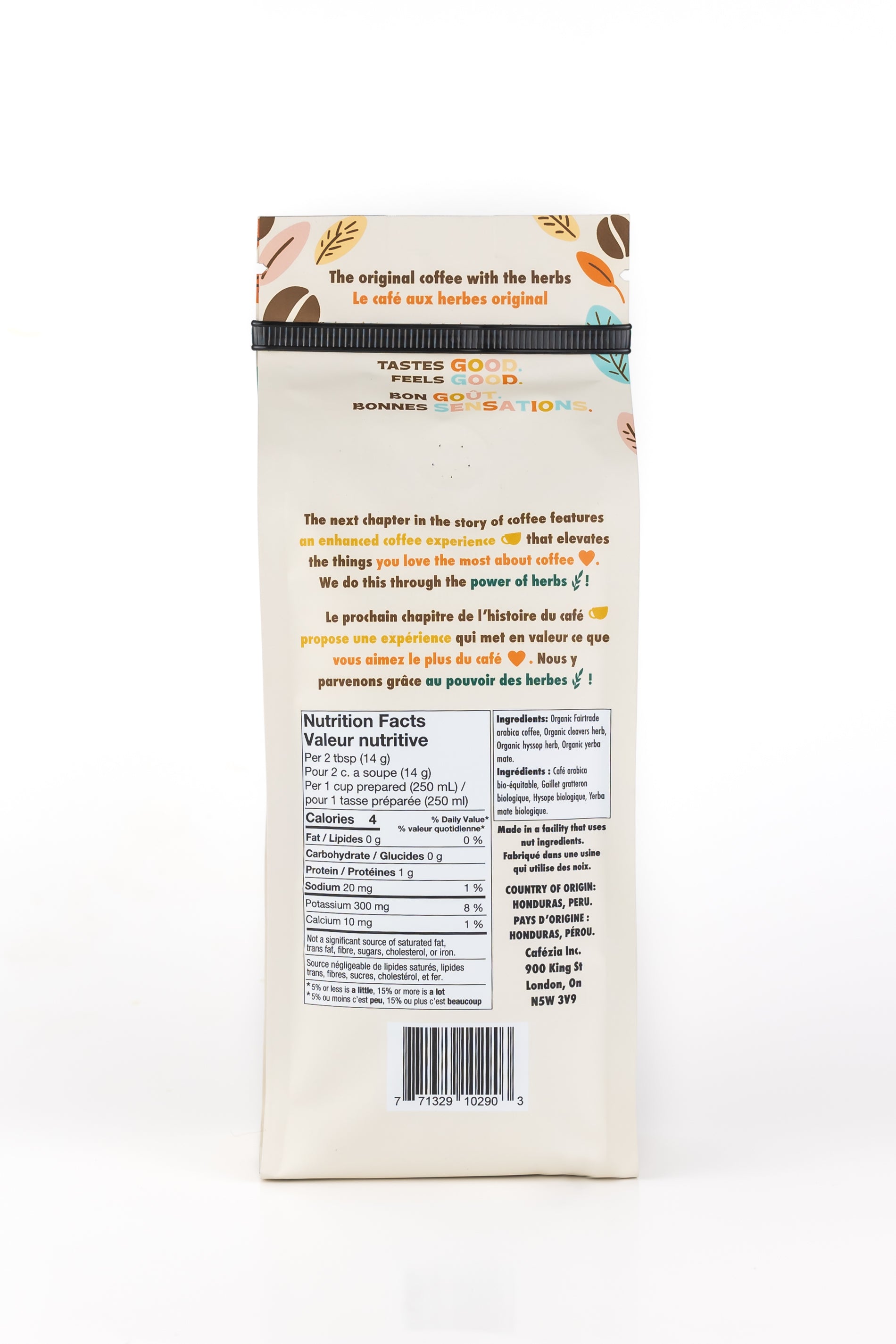 Image of the back of a bag of Cafezia coffee.